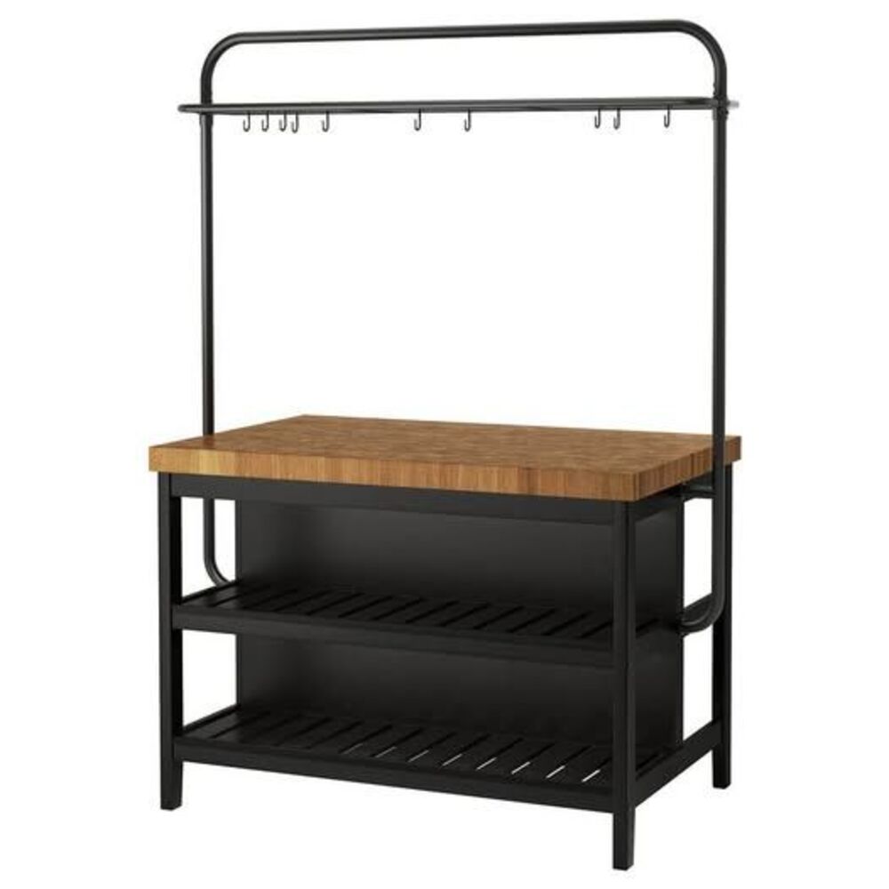 VADHOLMA Kitchen Island w/ Rack Black Oak Butcher Block Top 49 5/8” Excellent